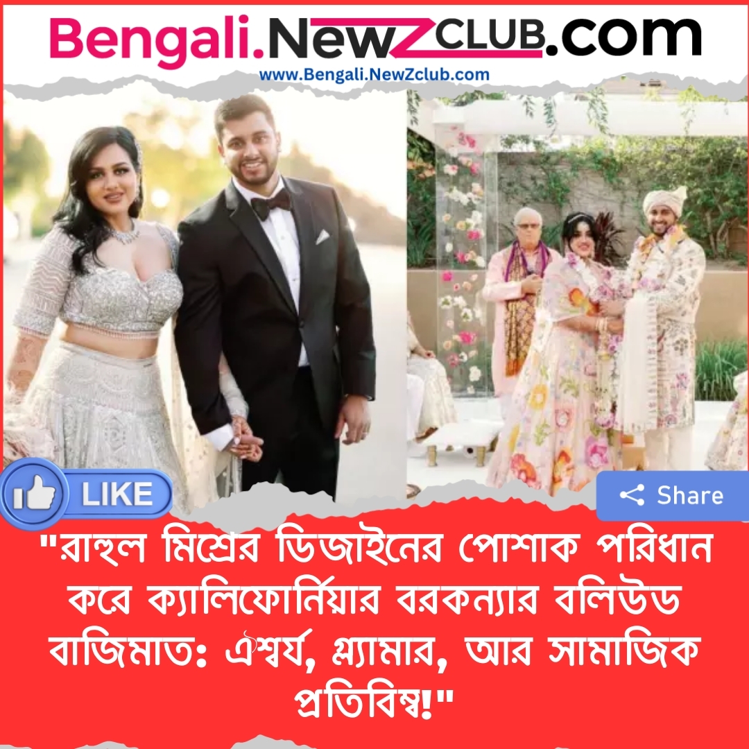 “রাহুল মিশ্রের ডিজাইনের পোশাক পরিধান করে ক্যালিফোর্নিয়ার বরকন্যার বলিউড বাজিমাত: ঐশ্বর্য, গ্ল্যামার, আর সামাজিক প্রতিবিম্ব!”